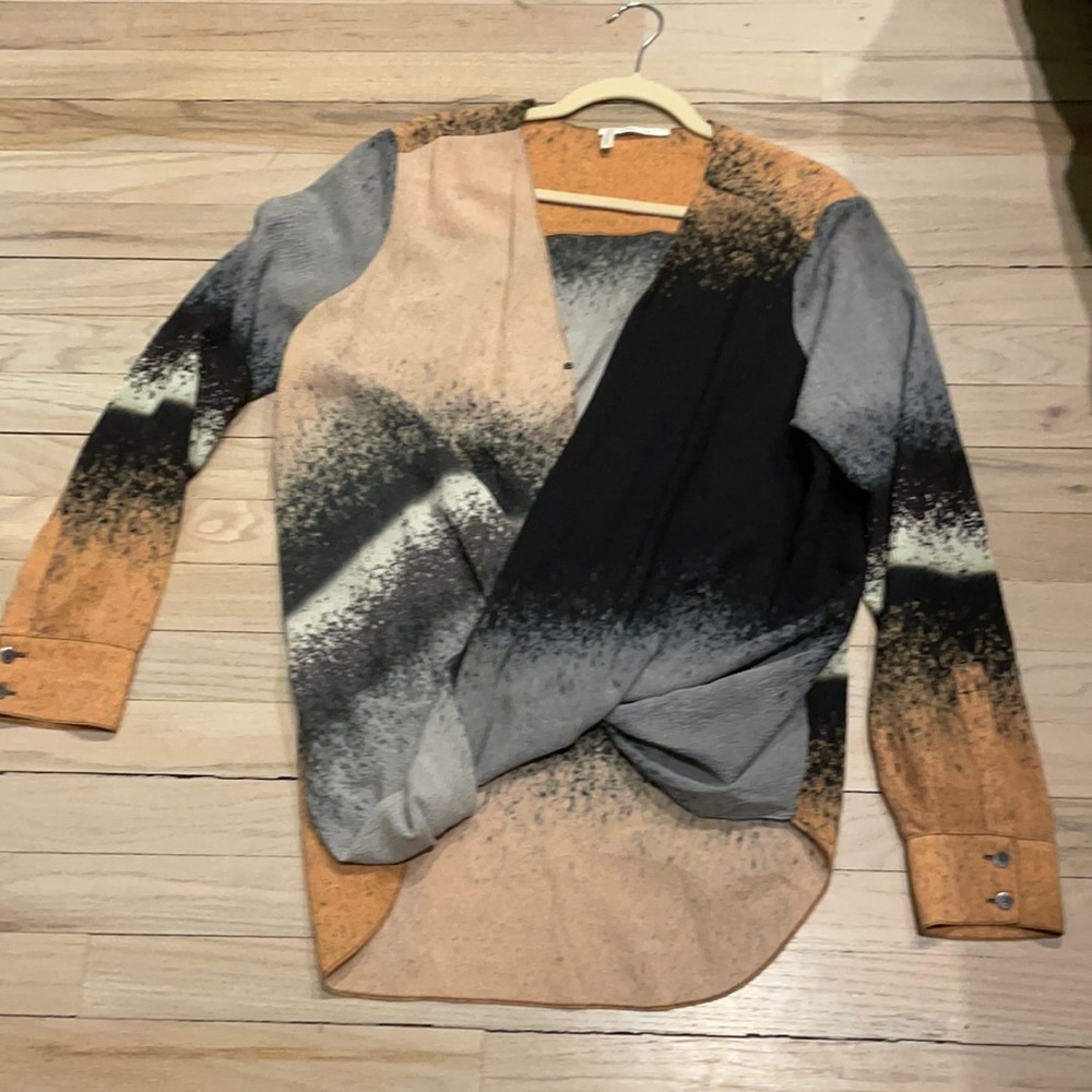 Derek Lam Multi-Color Abstract Print Draped Blouse - Black, Gray, Tan